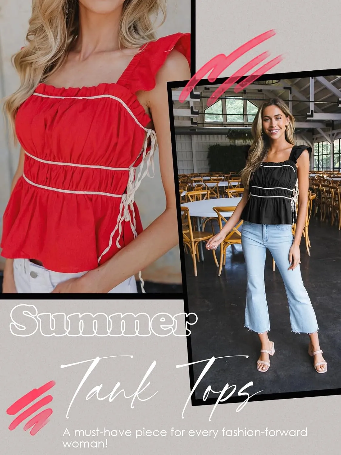 Tankaneo Womens Ruffle Sleeve Tank Tops Pleated Peplum Square Neck Crop Tops Flowy Side Tie Backless Cami Shirts
