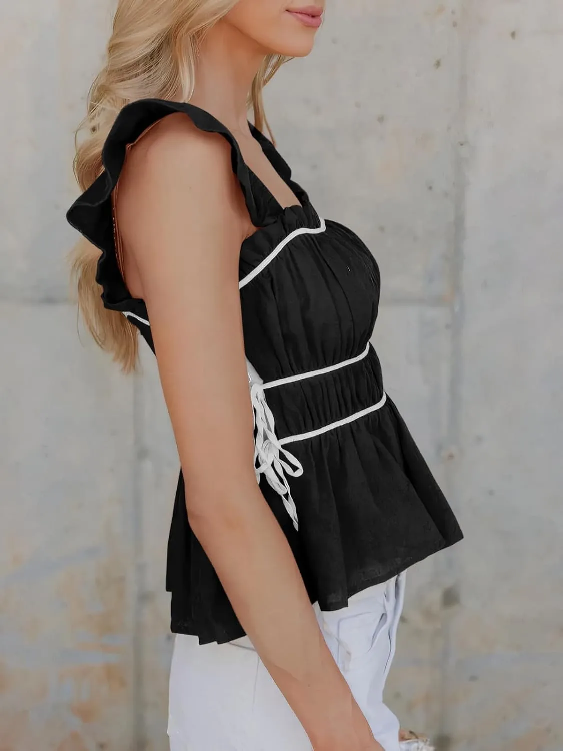 Tankaneo Womens Ruffle Sleeve Tank Tops Pleated Peplum Square Neck Crop Tops Flowy Side Tie Backless Cami Shirts