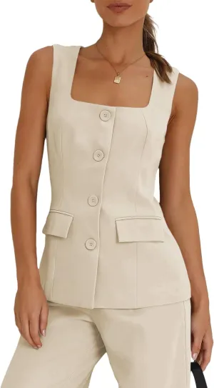 Tankaneo Women's Single Breasted Vests Square Neck Sleeveless Slim Fitted Work Office Waistcoats