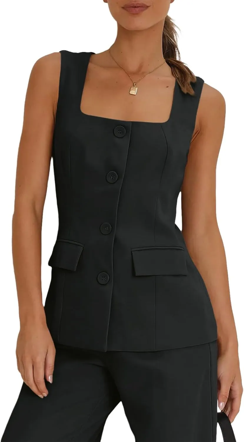 Tankaneo Women's Single Breasted Vests Square Neck Sleeveless Slim Fitted Work Office Waistcoats
