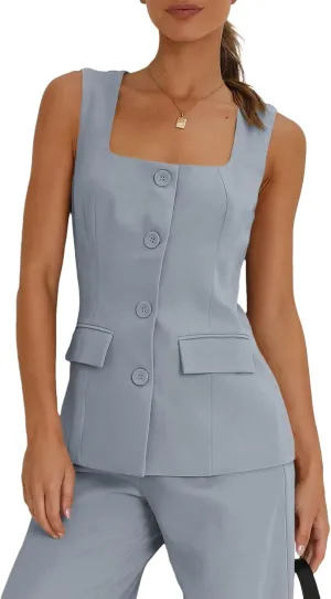Tankaneo Women's Single Breasted Vests Square Neck Sleeveless Slim Fitted Work Office Waistcoats