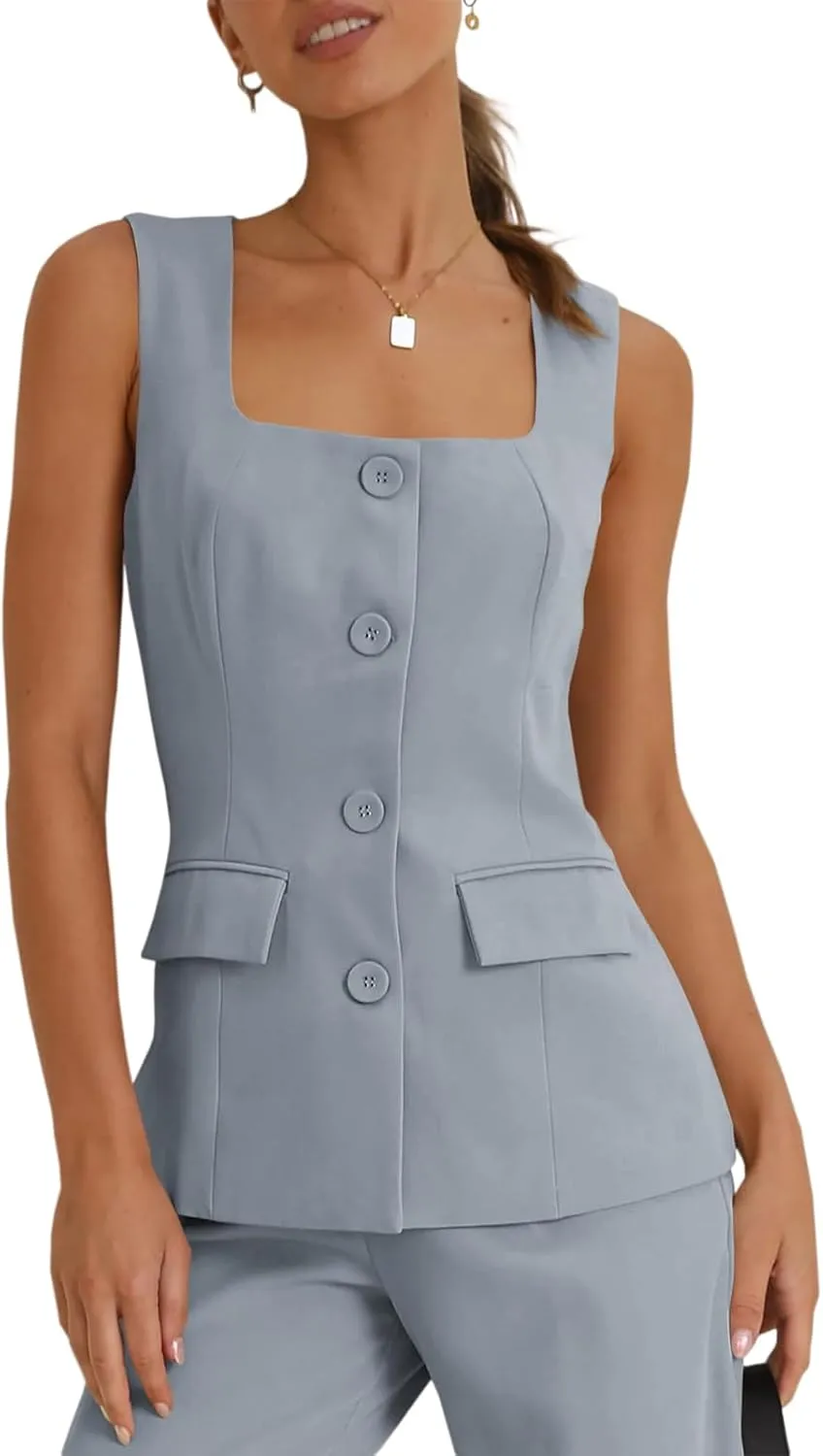 Tankaneo Women's Single Breasted Vests Square Neck Sleeveless Slim Fitted Work Office Waistcoats