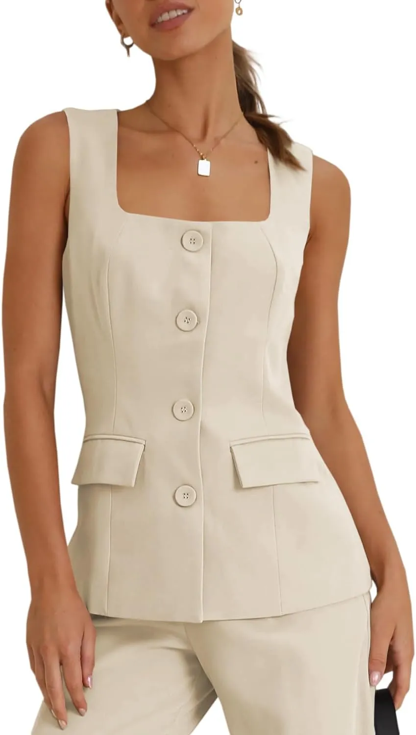 Tankaneo Women's Single Breasted Vests Square Neck Sleeveless Slim Fitted Work Office Waistcoats