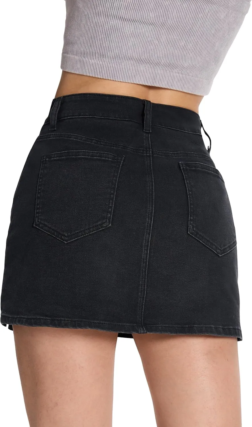 Tapata Skorts Skirts for Women High Waisted Denim Mini Casual Stretchy Jean Skirt Slit with Shorts