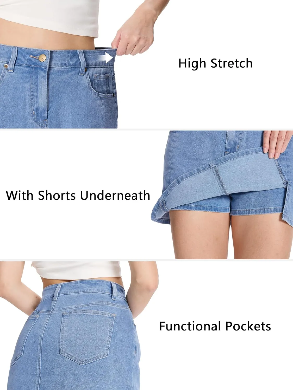 Tapata Skorts Skirts for Women High Waisted Denim Mini Casual Stretchy Jean Skirt Slit with Shorts