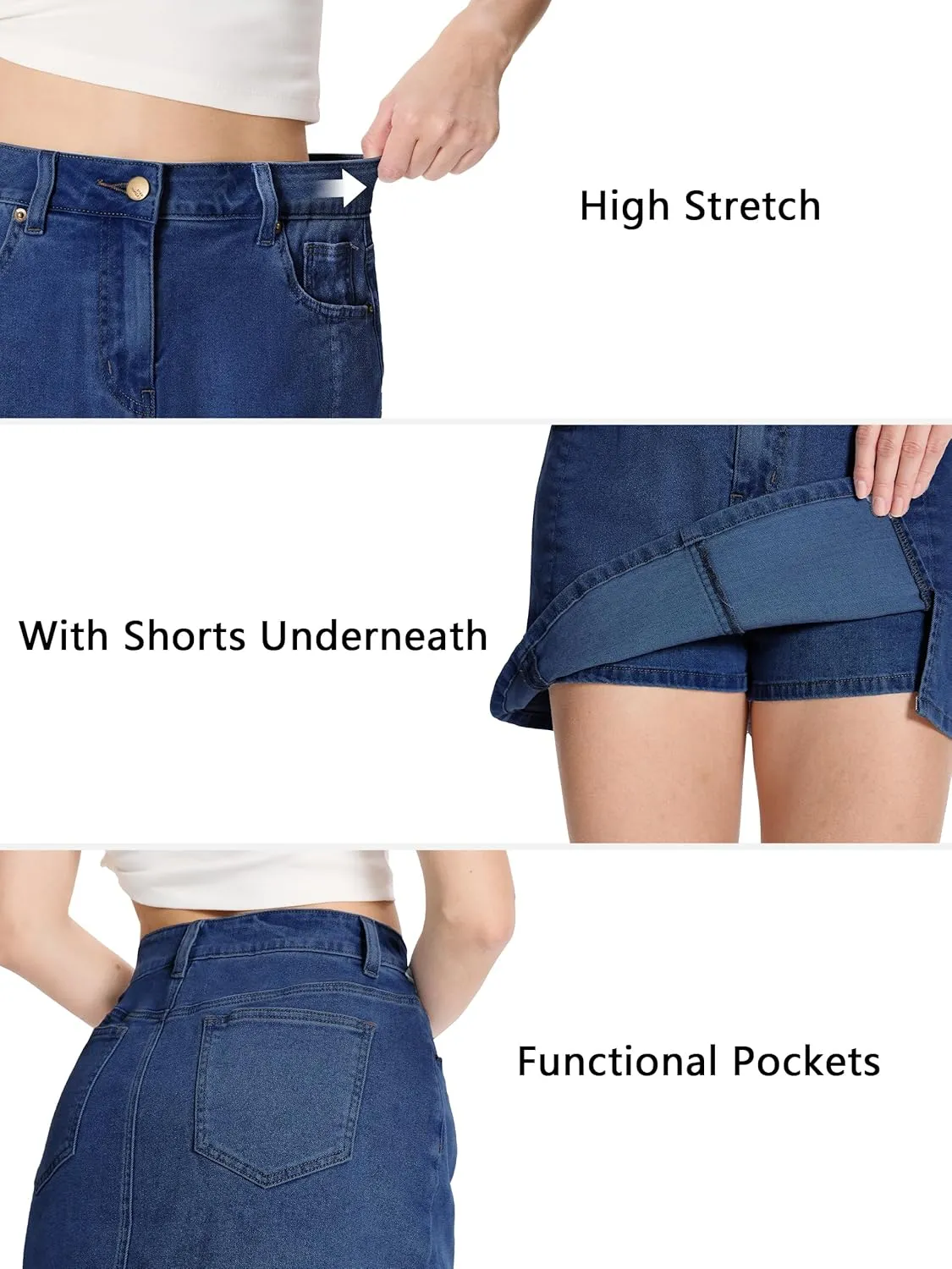 Tapata Skorts Skirts for Women High Waisted Denim Mini Casual Stretchy Jean Skirt Slit with Shorts