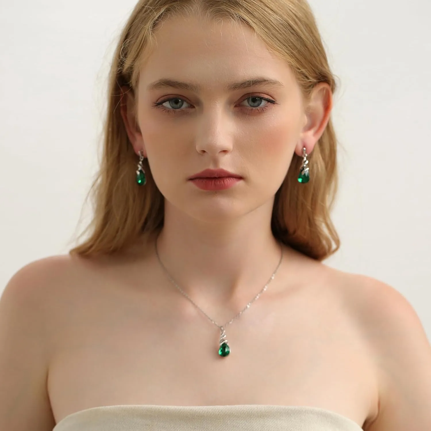 Teardrop Crystal Jewelry Set, Birthstone Pendant Necklace Drop Dangle Earrings for Women