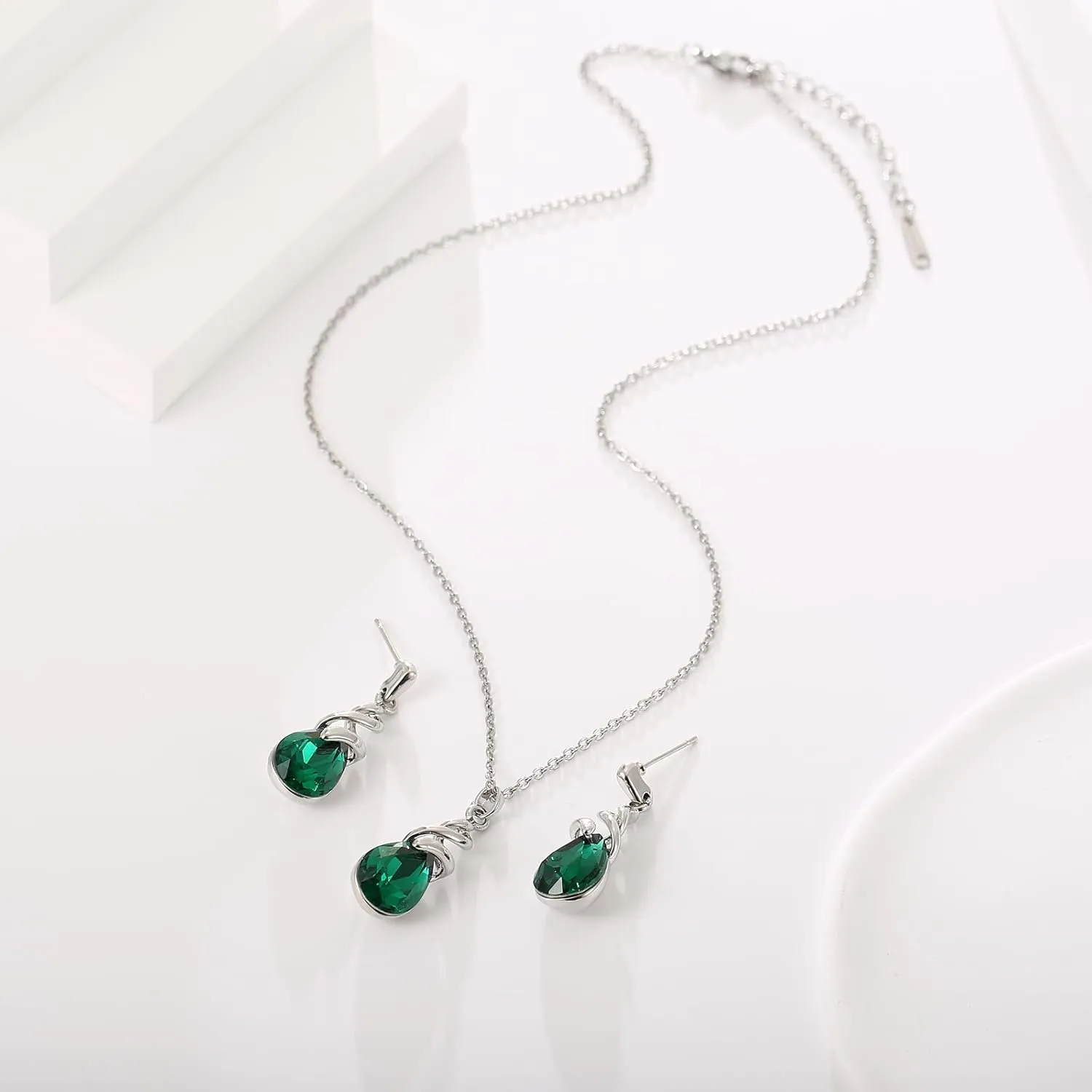 Teardrop Crystal Jewelry Set, Birthstone Pendant Necklace Drop Dangle Earrings for Women