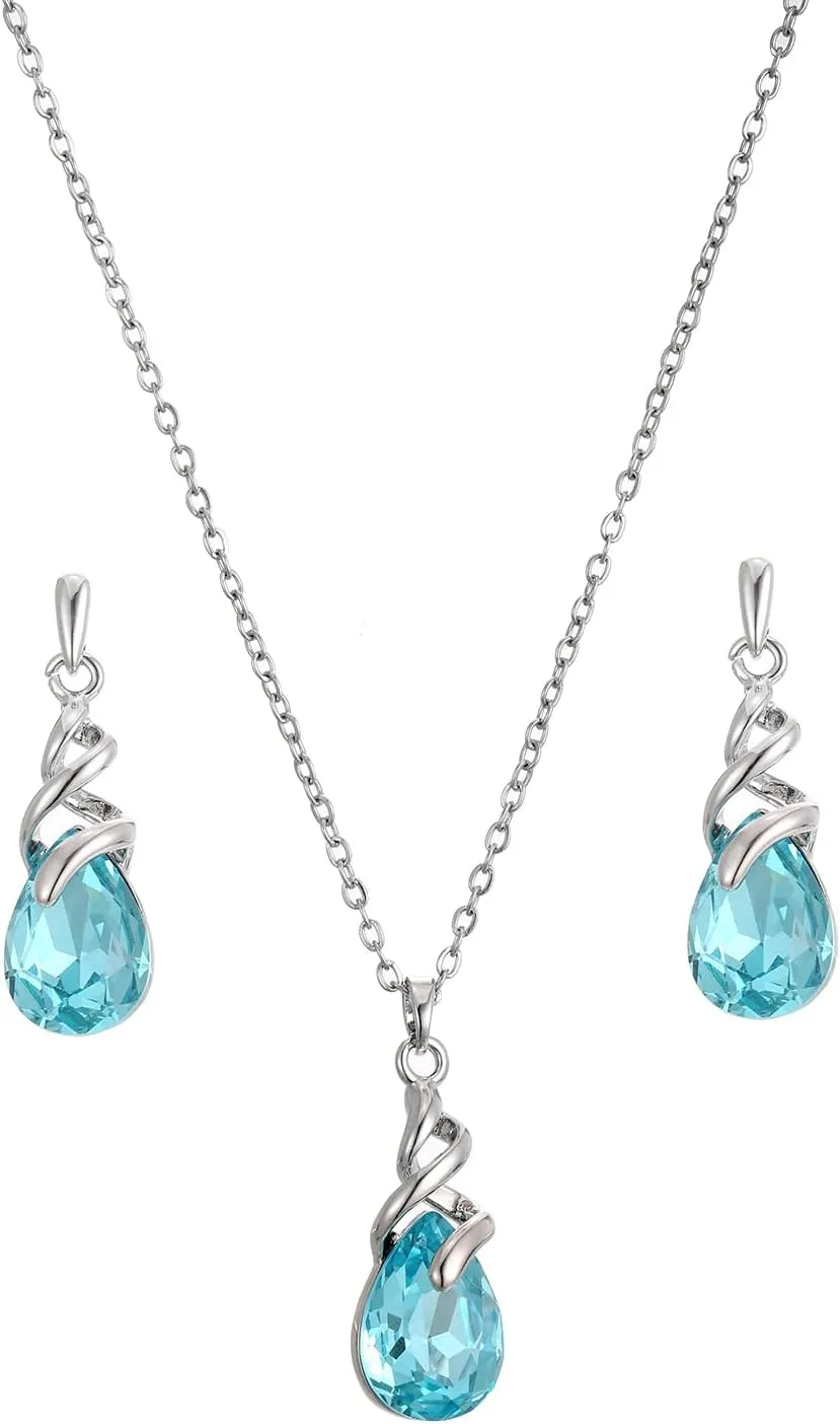 Teardrop Crystal Jewelry Set, Birthstone Pendant Necklace Drop Dangle Earrings for Women