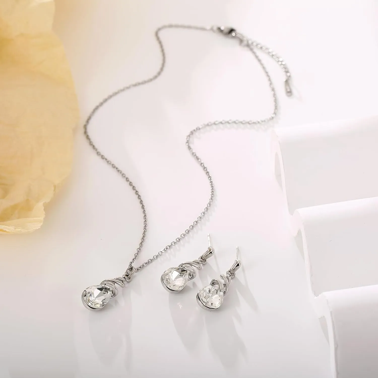 Teardrop Crystal Jewelry Set, Birthstone Pendant Necklace Drop Dangle Earrings for Women