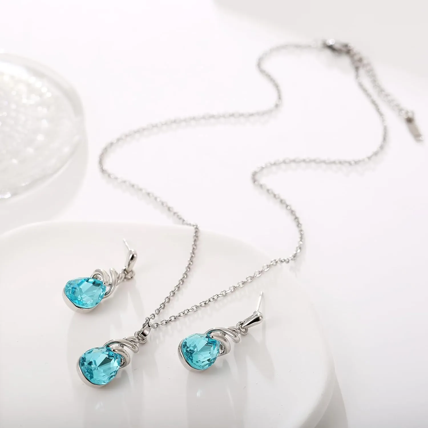 Teardrop Crystal Jewelry Set, Birthstone Pendant Necklace Drop Dangle Earrings for Women