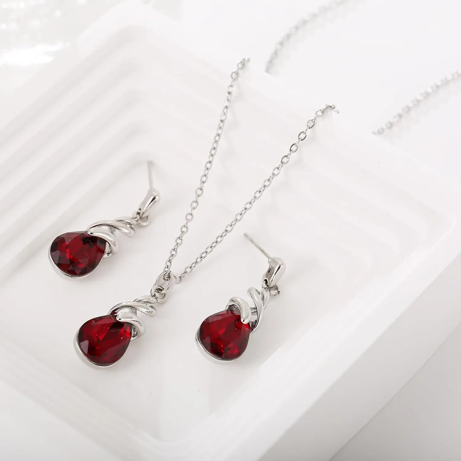 Teardrop Crystal Jewelry Set, Birthstone Pendant Necklace Drop Dangle Earrings for Women