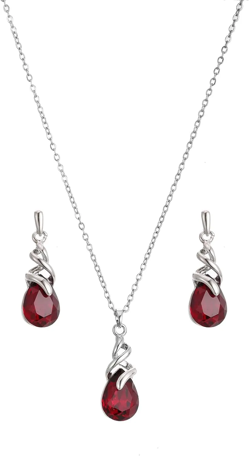 Teardrop Crystal Jewelry Set, Birthstone Pendant Necklace Drop Dangle Earrings for Women