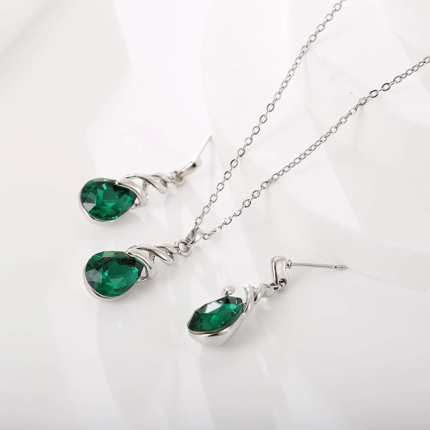 Teardrop Crystal Jewelry Set, Birthstone Pendant Necklace Drop Dangle Earrings for Women