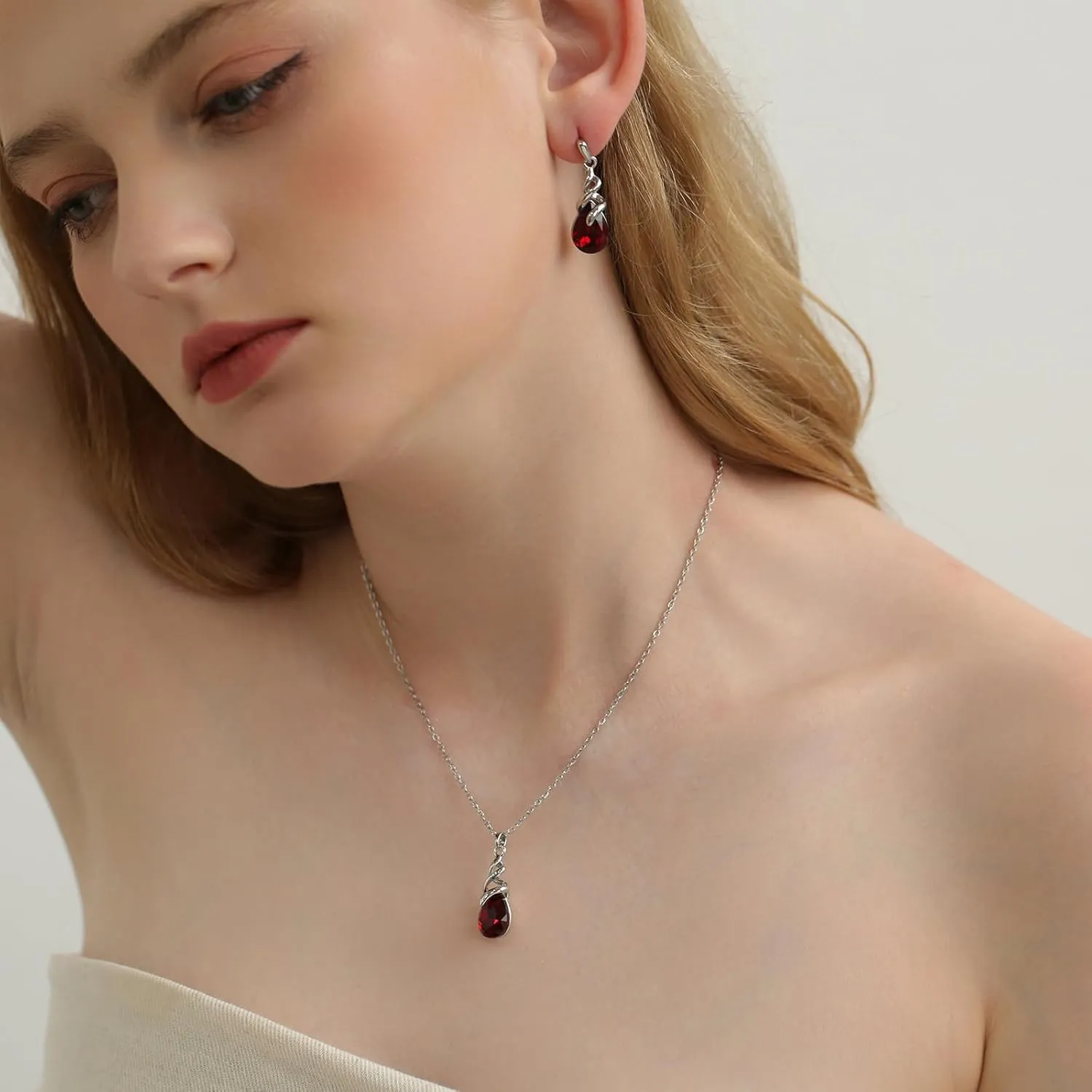 Teardrop Crystal Jewelry Set, Birthstone Pendant Necklace Drop Dangle Earrings for Women