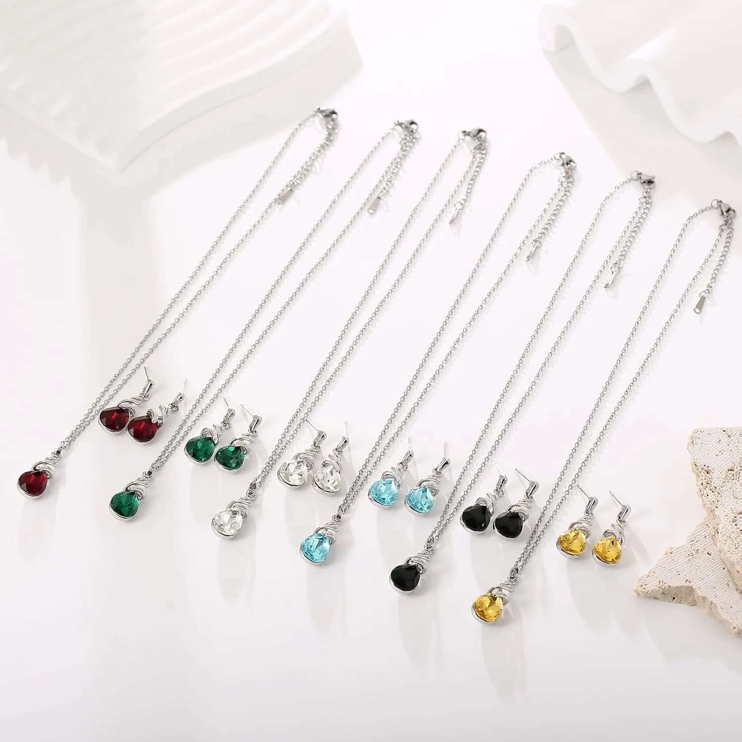 Teardrop Crystal Jewelry Set, Birthstone Pendant Necklace Drop Dangle Earrings for Women