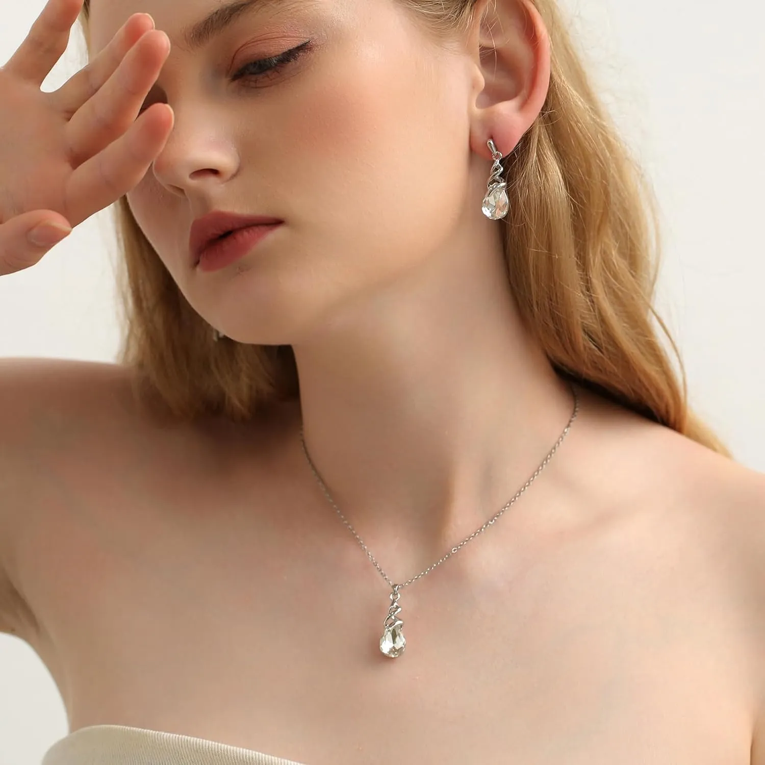 Teardrop Crystal Jewelry Set, Birthstone Pendant Necklace Drop Dangle Earrings for Women