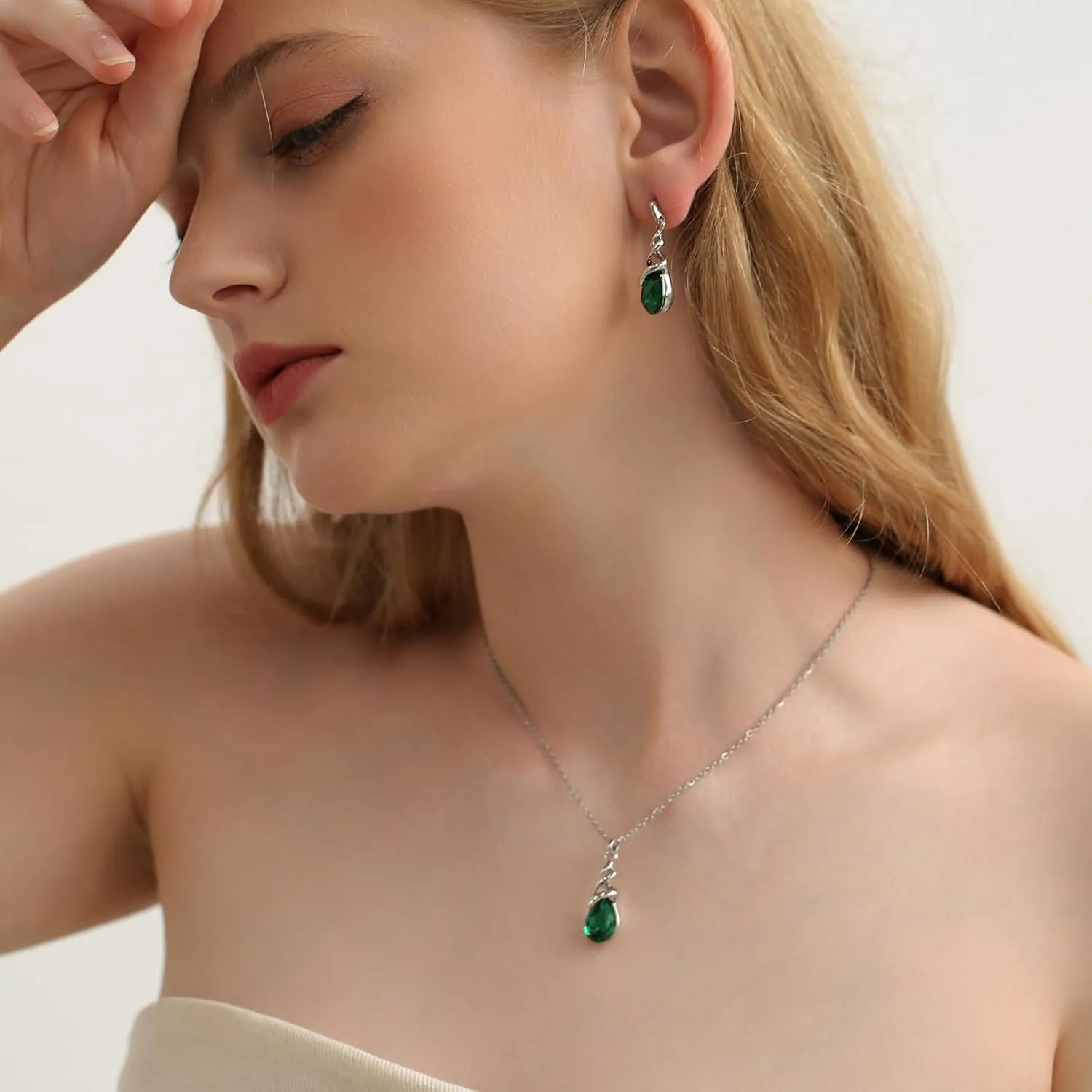 Teardrop Crystal Jewelry Set, Birthstone Pendant Necklace Drop Dangle Earrings for Women