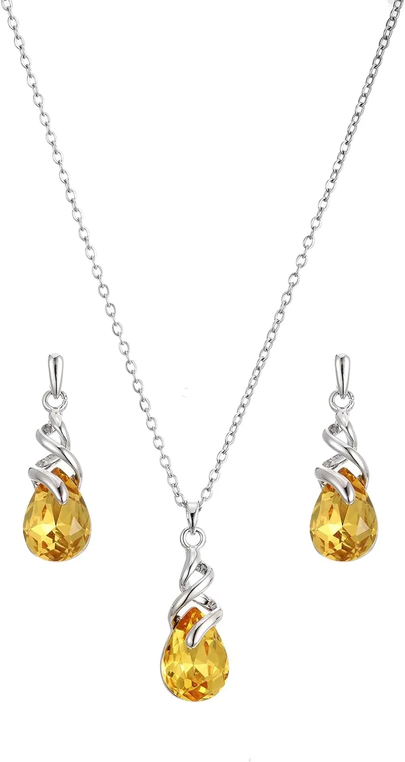 Teardrop Crystal Jewelry Set, Birthstone Pendant Necklace Drop Dangle Earrings for Women