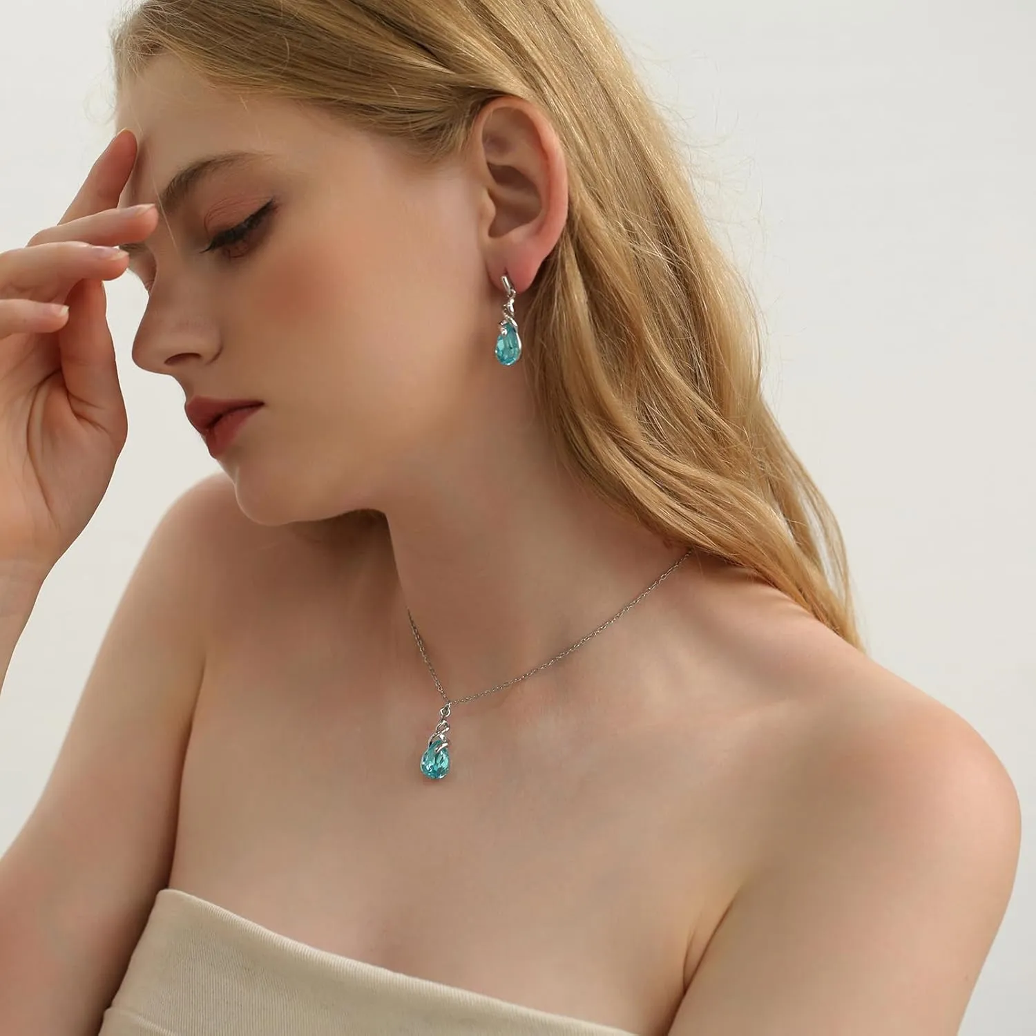 Teardrop Crystal Jewelry Set, Birthstone Pendant Necklace Drop Dangle Earrings for Women