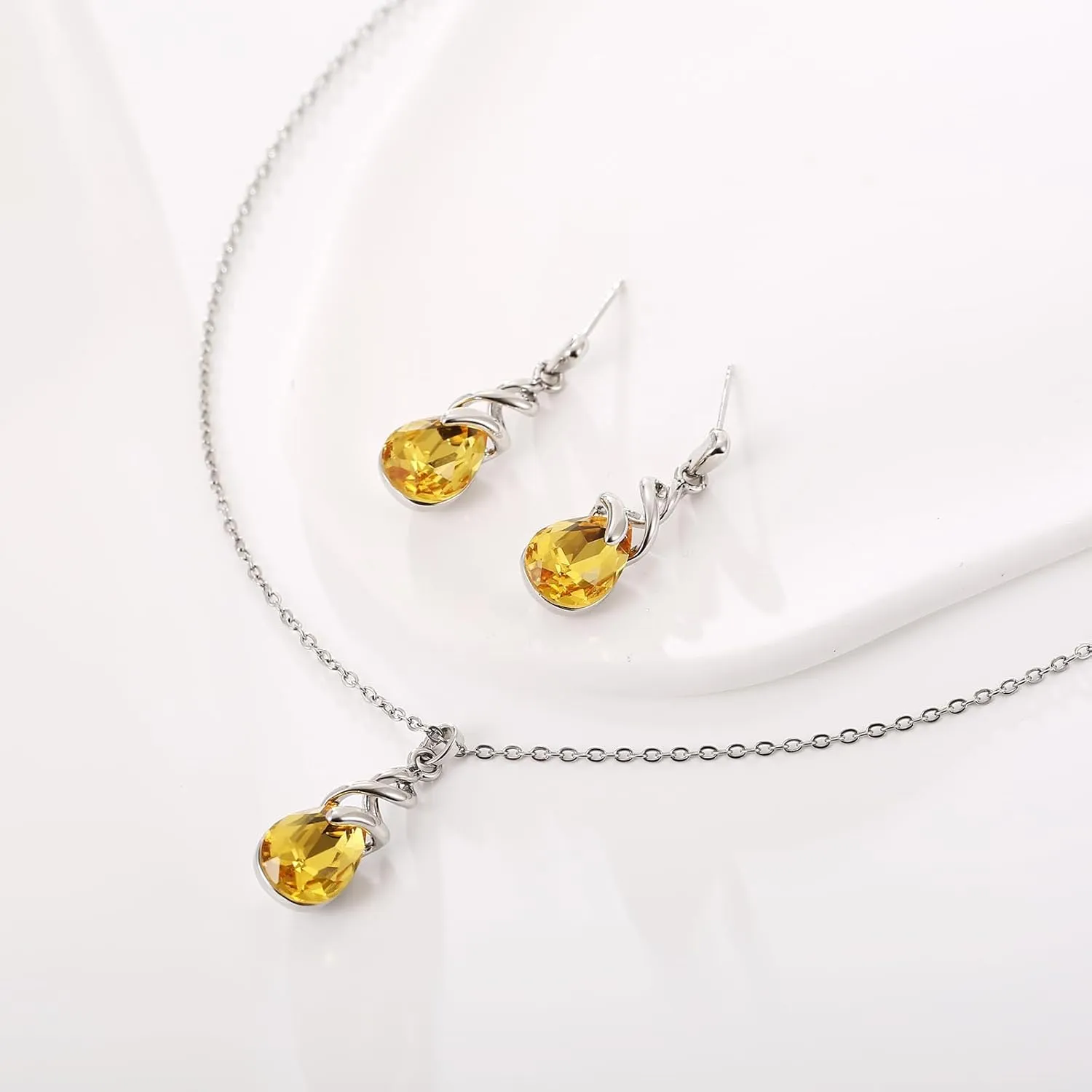 Teardrop Crystal Jewelry Set, Birthstone Pendant Necklace Drop Dangle Earrings for Women