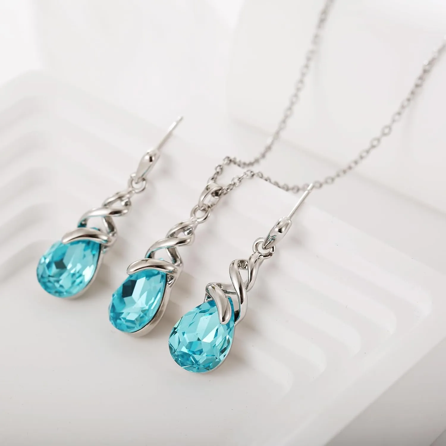 Teardrop Crystal Jewelry Set, Birthstone Pendant Necklace Drop Dangle Earrings for Women