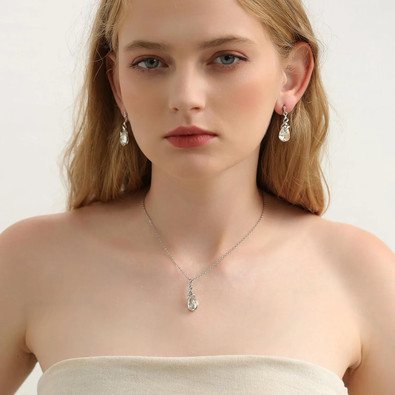 Teardrop Crystal Jewelry Set, Birthstone Pendant Necklace Drop Dangle Earrings for Women
