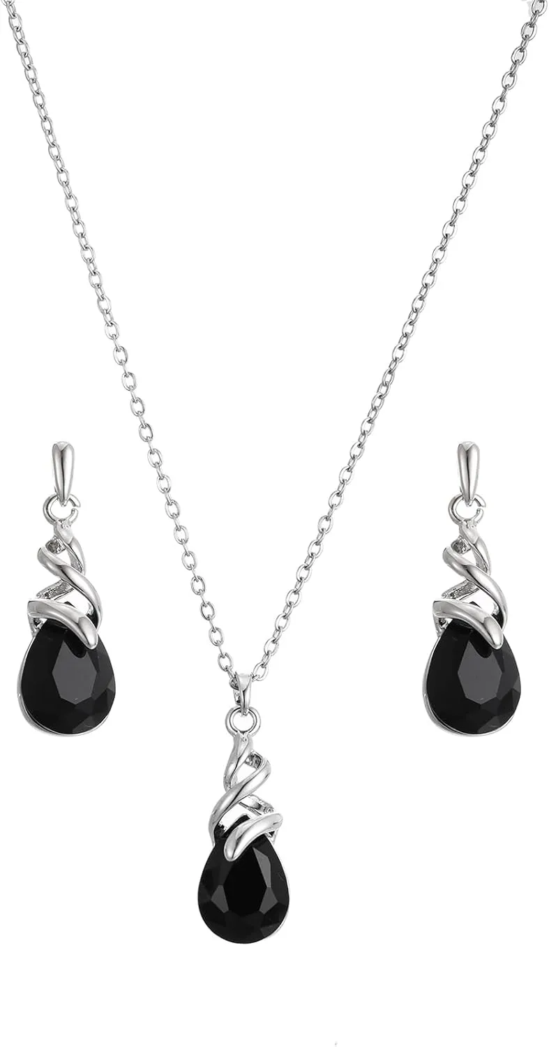 Teardrop Crystal Jewelry Set, Birthstone Pendant Necklace Drop Dangle Earrings for Women