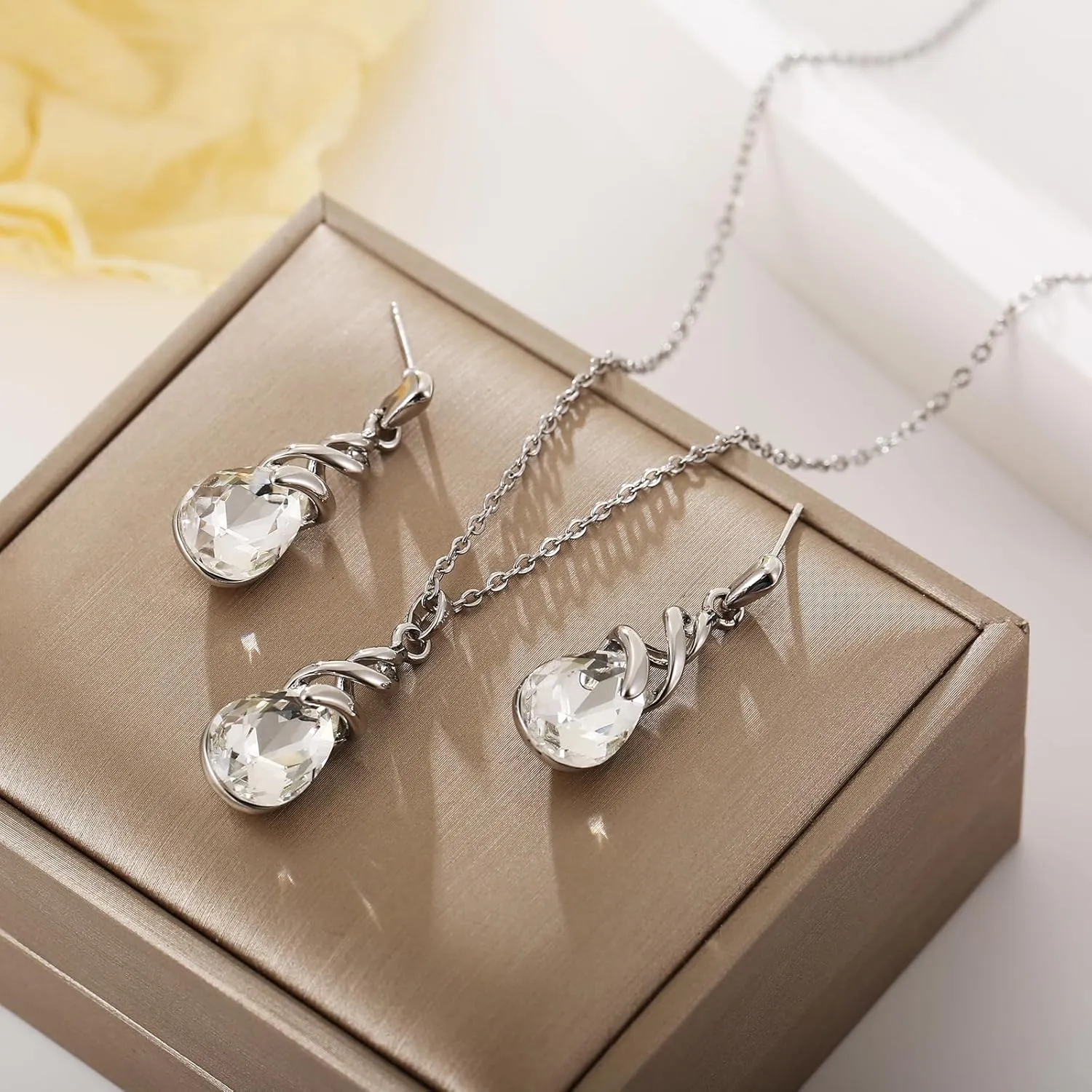 Teardrop Crystal Jewelry Set, Birthstone Pendant Necklace Drop Dangle Earrings for Women
