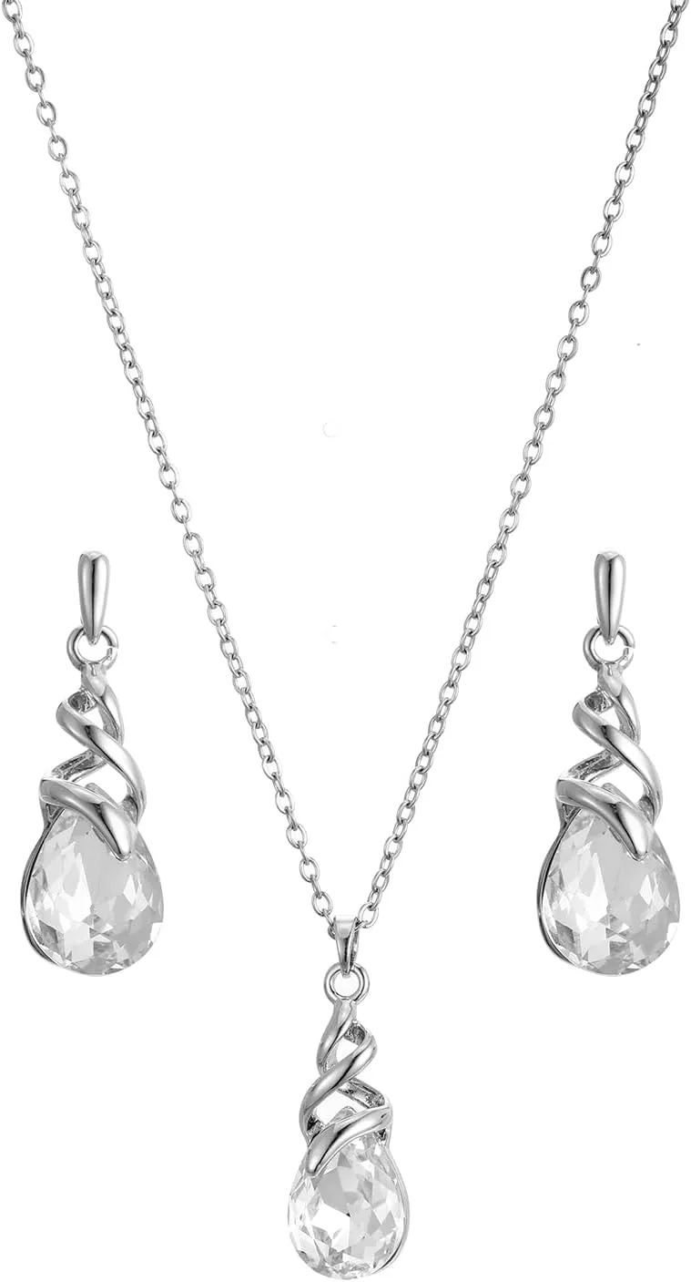 Teardrop Crystal Jewelry Set, Birthstone Pendant Necklace Drop Dangle Earrings for Women
