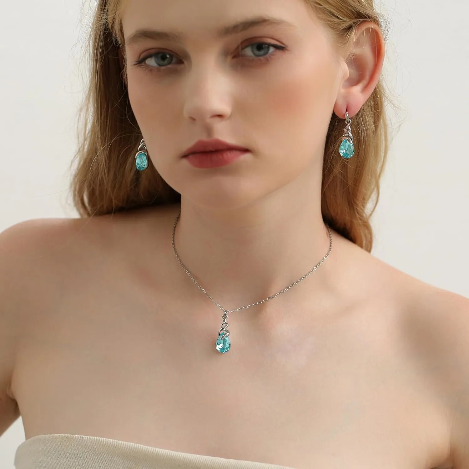 Teardrop Crystal Jewelry Set, Birthstone Pendant Necklace Drop Dangle Earrings for Women