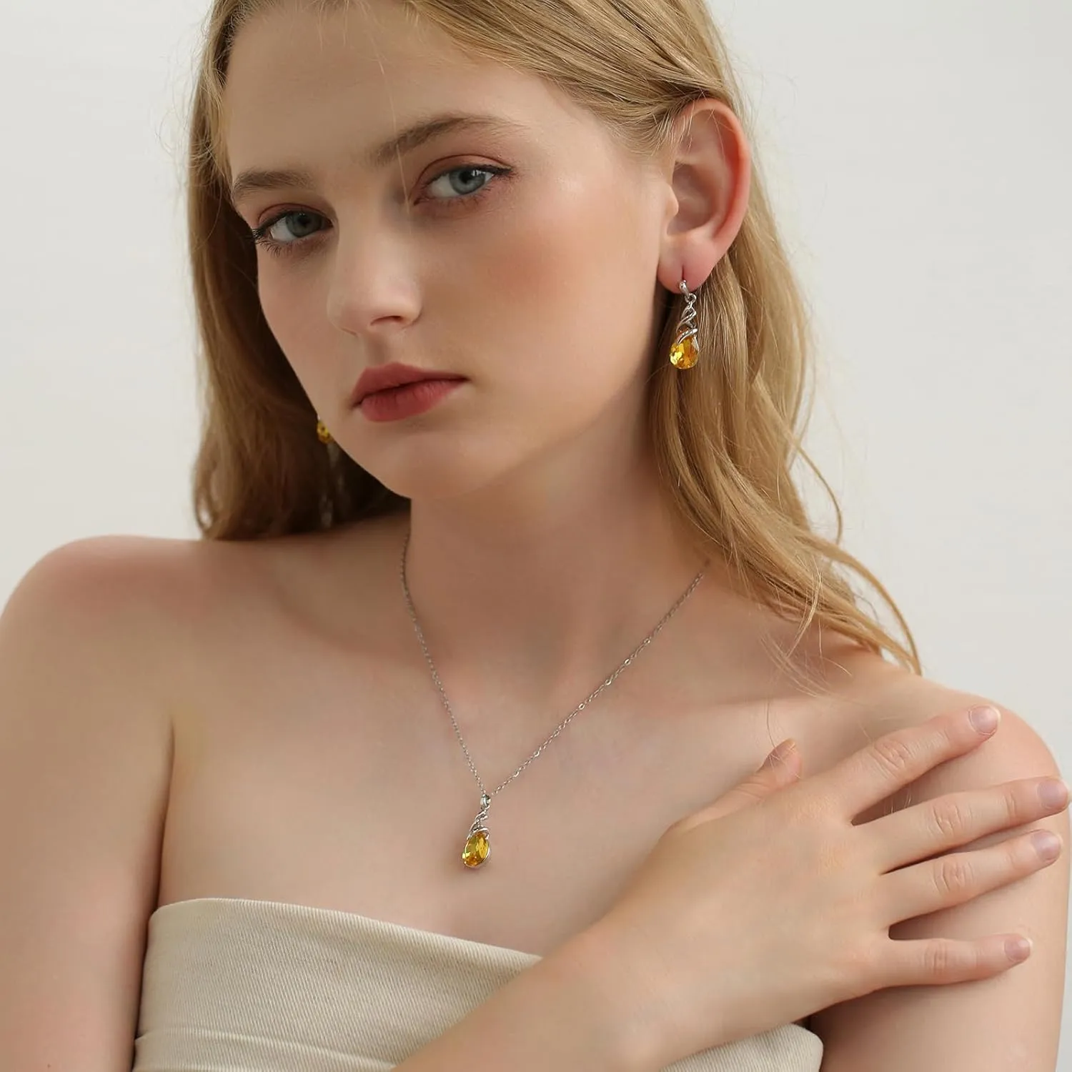Teardrop Crystal Jewelry Set, Birthstone Pendant Necklace Drop Dangle Earrings for Women