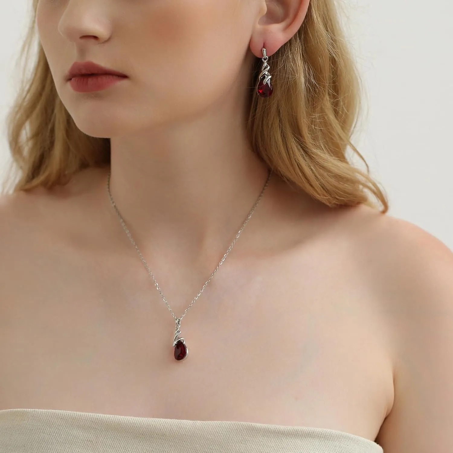 Teardrop Crystal Jewelry Set, Birthstone Pendant Necklace Drop Dangle Earrings for Women