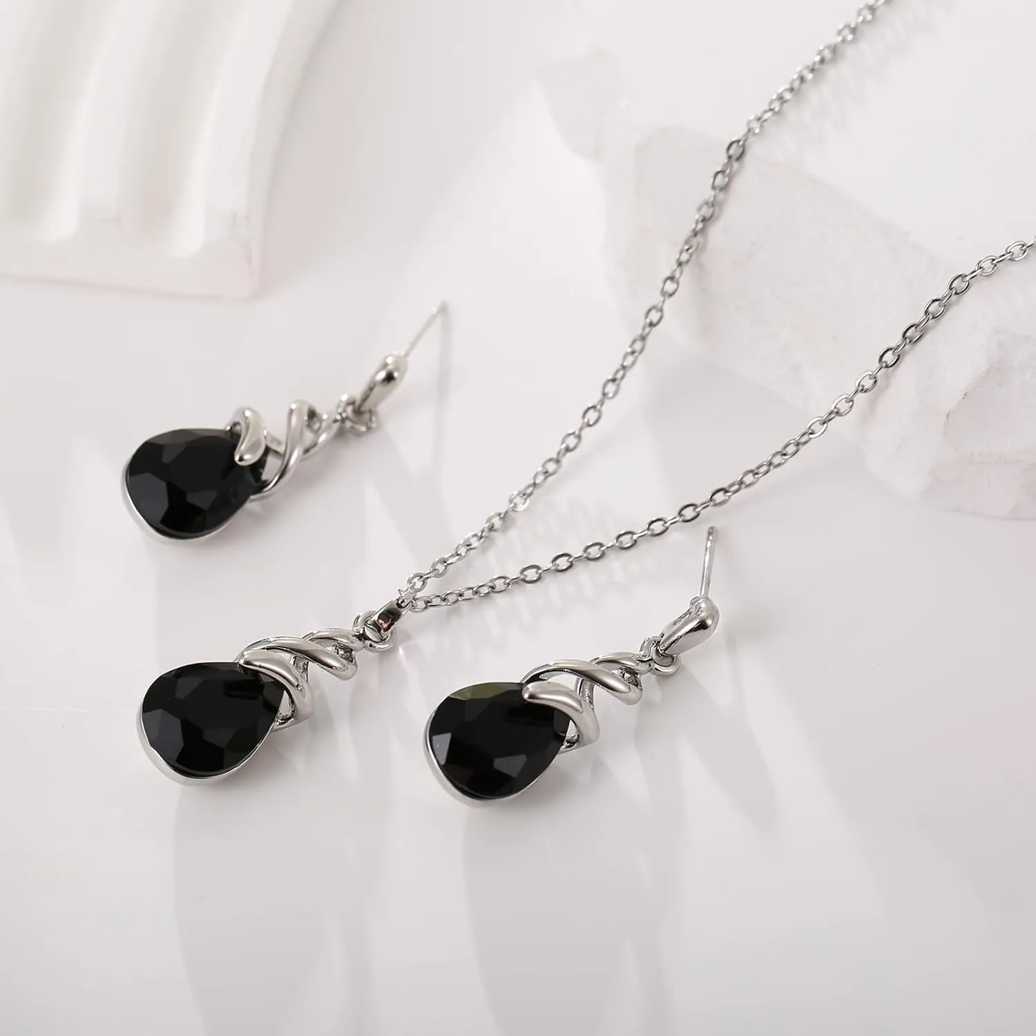 Teardrop Crystal Jewelry Set, Birthstone Pendant Necklace Drop Dangle Earrings for Women