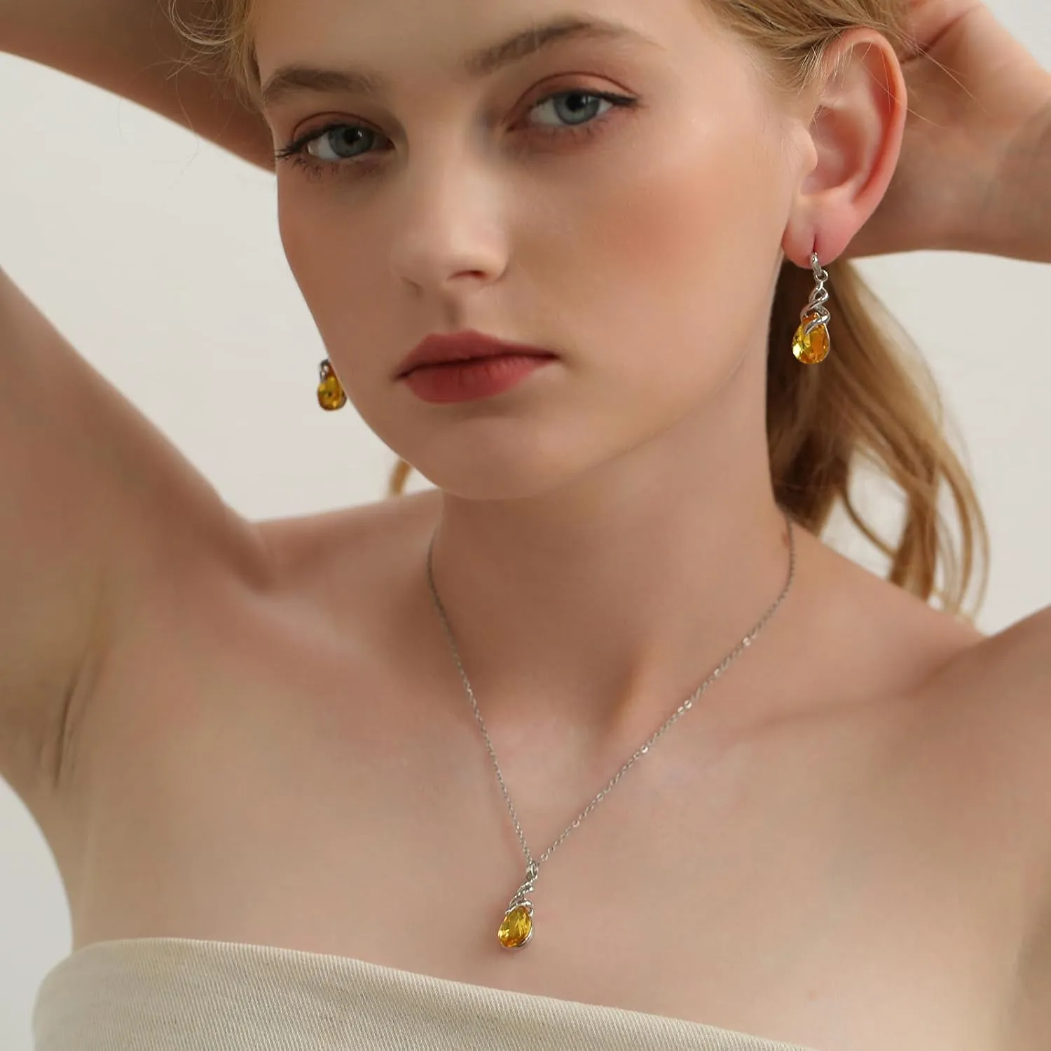 Teardrop Crystal Jewelry Set, Birthstone Pendant Necklace Drop Dangle Earrings for Women
