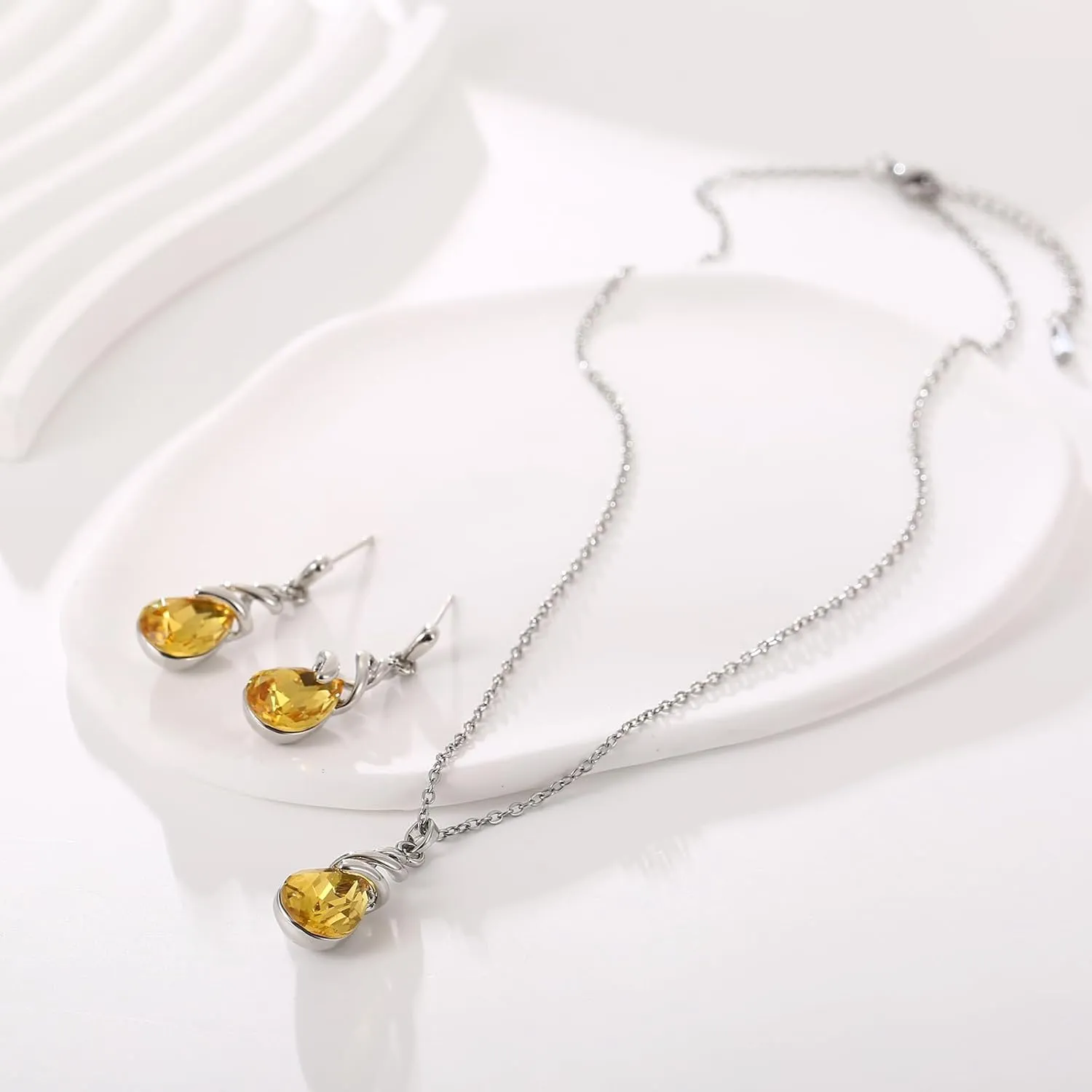 Teardrop Crystal Jewelry Set, Birthstone Pendant Necklace Drop Dangle Earrings for Women