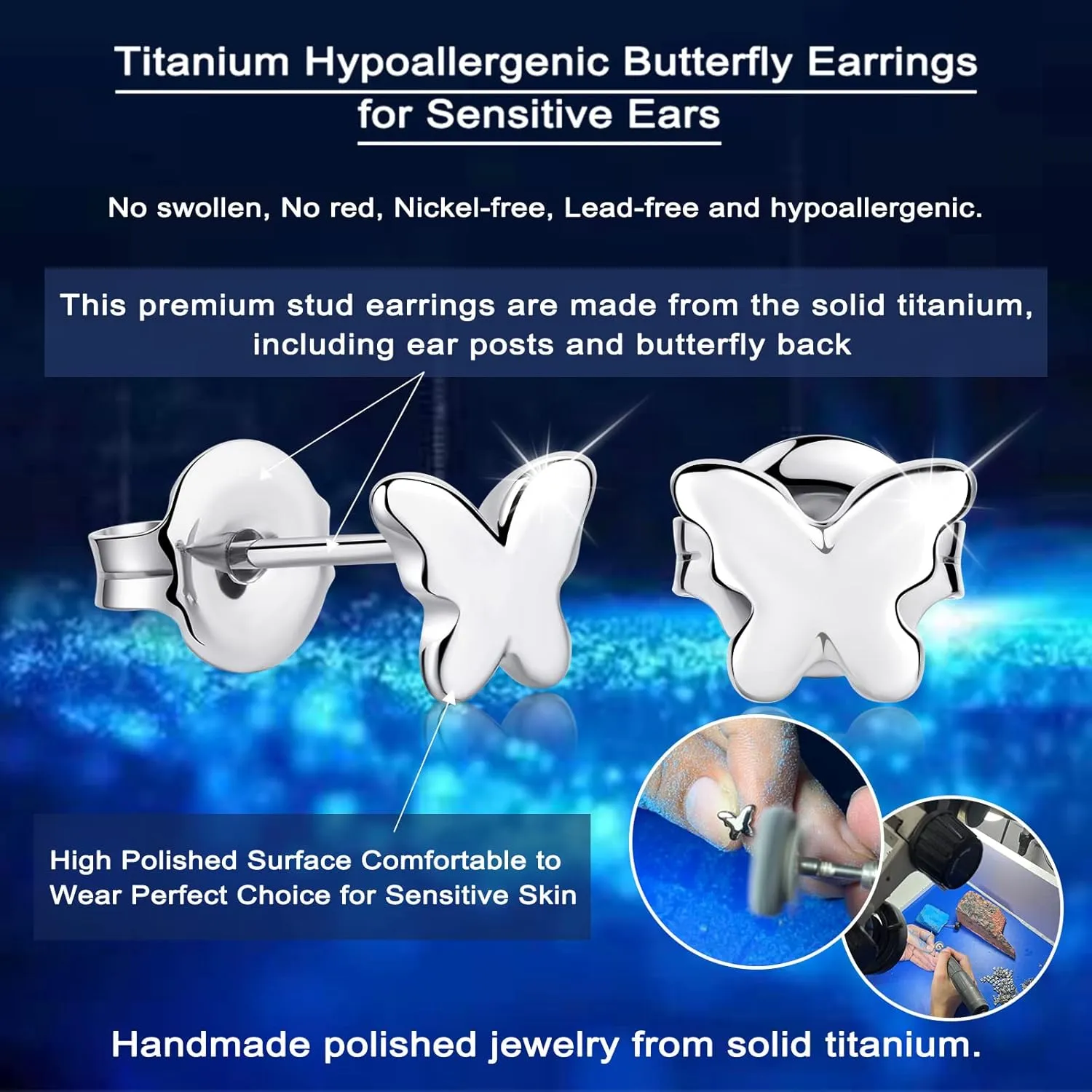 Titanium Earrings, Hypoallergenic Stud Earrings for Women Men Sensitive Ears Bar/Butterfly/Triangle/Square Premium High Polished (Shiny Grey)