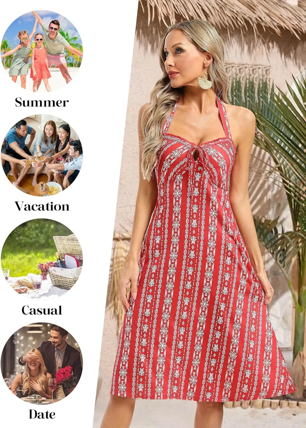 TORARY Halter Neck Backless Summer Vacation Beach Dress Sleeveless Off Shoulder Tie Front Aline Midi Dress with Pockets 2025