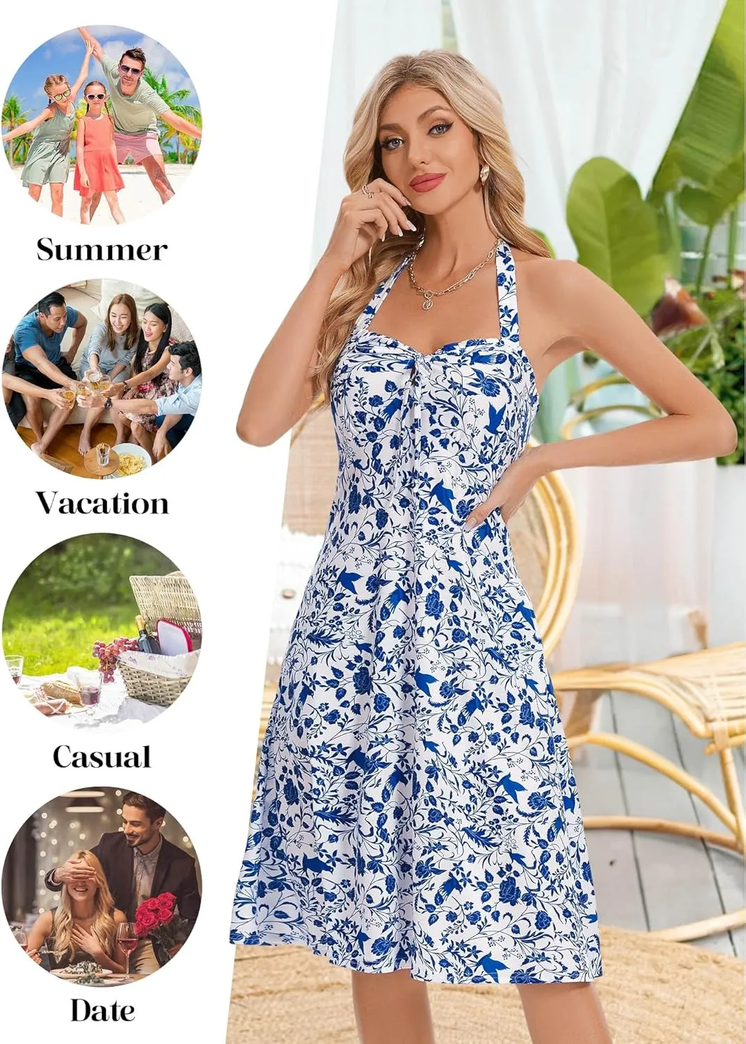 TORARY Halter Neck Backless Summer Vacation Beach Dress Sleeveless Off Shoulder Tie Front Aline Midi Dress with Pockets 2025