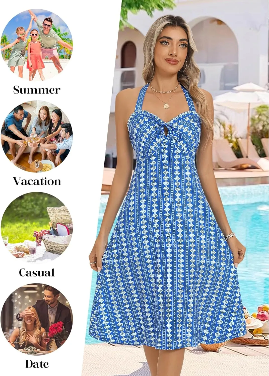 TORARY Halter Neck Backless Summer Vacation Beach Dress Sleeveless Off Shoulder Tie Front Aline Midi Dress with Pockets 2025