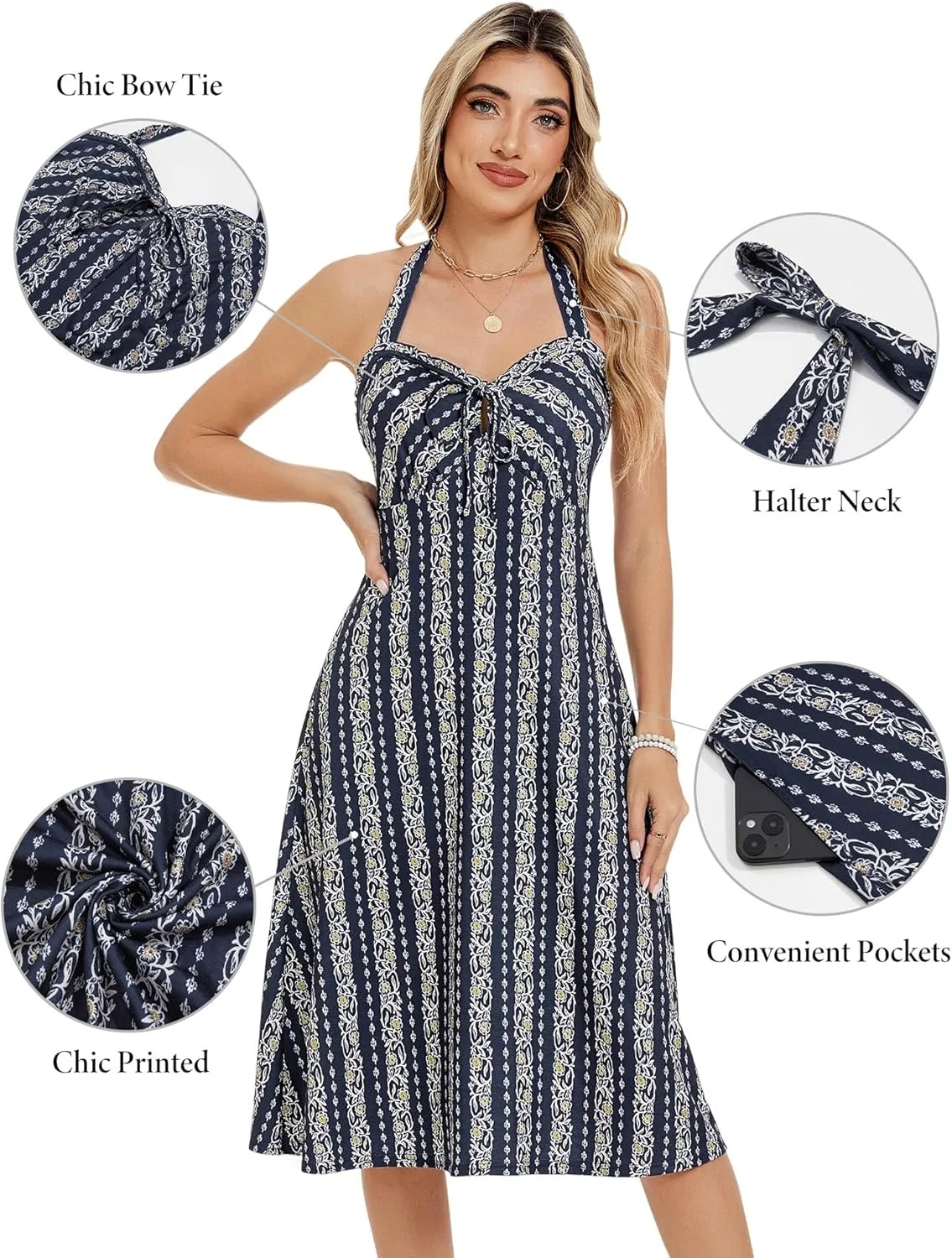 TORARY Halter Neck Backless Summer Vacation Beach Dress Sleeveless Off Shoulder Tie Front Aline Midi Dress with Pockets 2025
