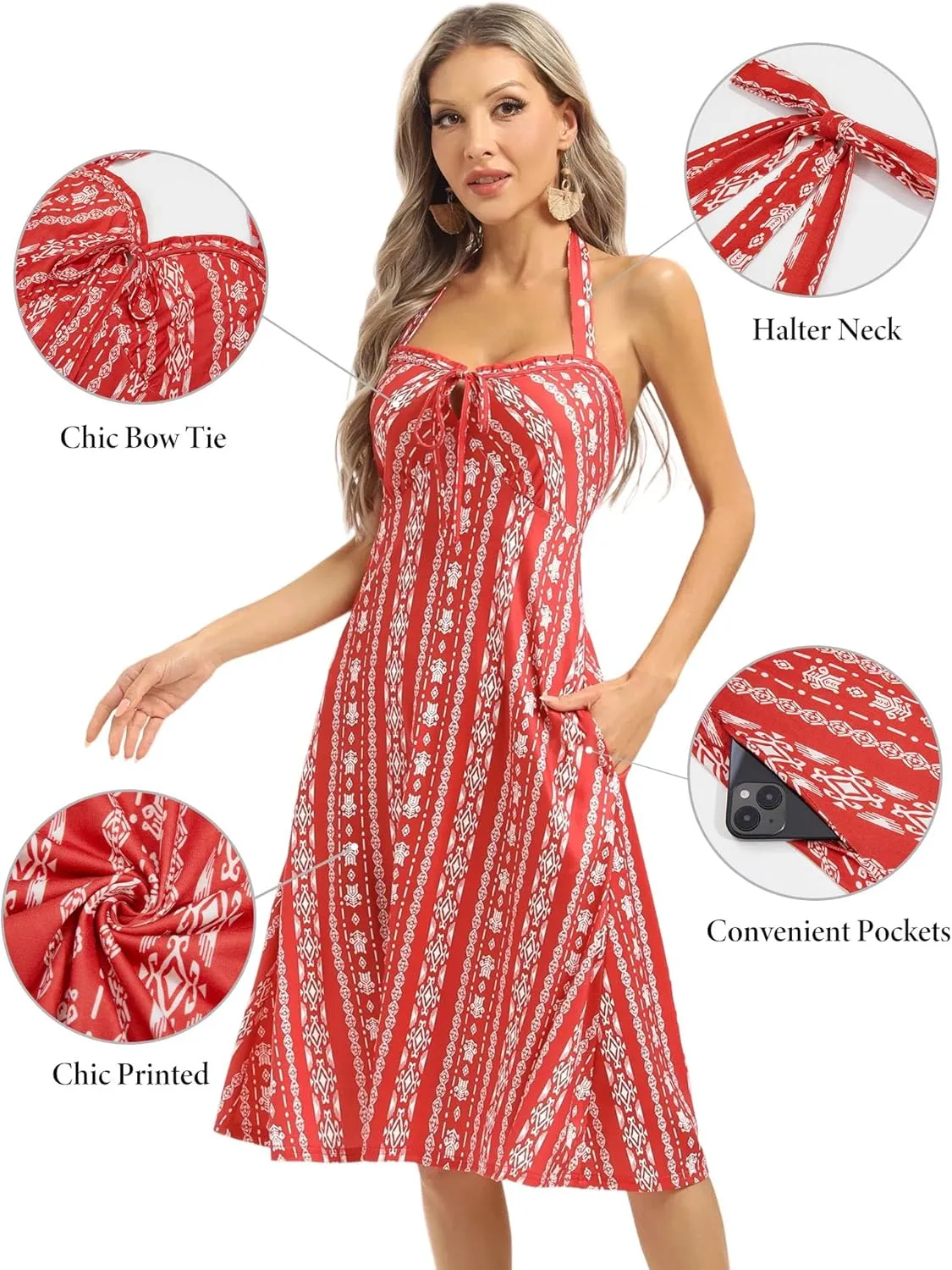 TORARY Halter Neck Backless Summer Vacation Beach Dress Sleeveless Off Shoulder Tie Front Aline Midi Dress with Pockets 2025