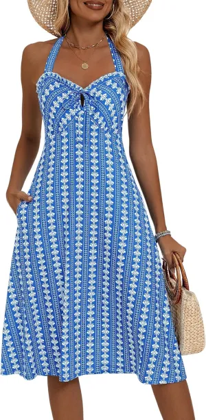 TORARY Halter Neck Backless Summer Vacation Beach Dress Sleeveless Off Shoulder Tie Front Aline Midi Dress with Pockets 2025