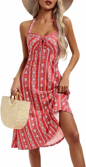 TORARY Halter Neck Backless Summer Vacation Beach Dress Sleeveless Off Shoulder Tie Front Aline Midi Dress with Pockets 2025