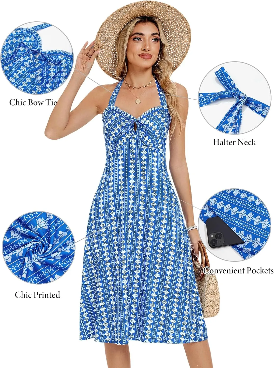 TORARY Halter Neck Backless Summer Vacation Beach Dress Sleeveless Off Shoulder Tie Front Aline Midi Dress with Pockets 2025