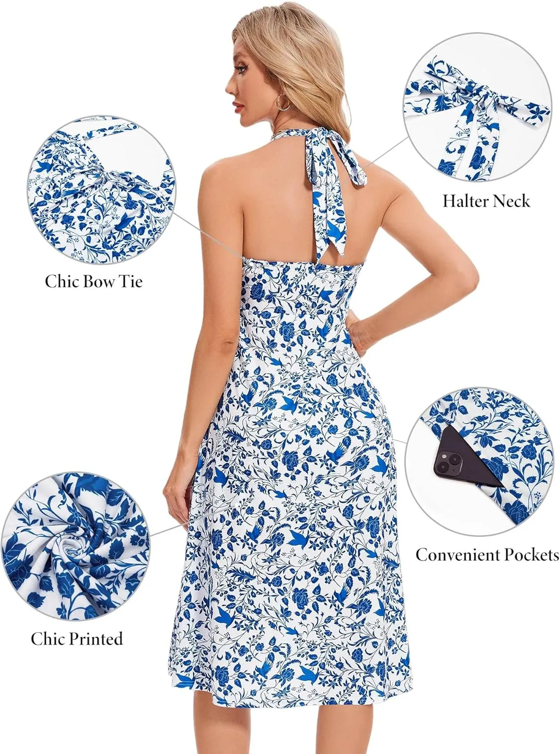 TORARY Halter Neck Backless Summer Vacation Beach Dress Sleeveless Off Shoulder Tie Front Aline Midi Dress with Pockets 2025