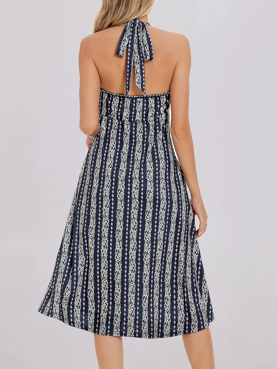 TORARY Halter Neck Backless Summer Vacation Beach Dress Sleeveless Off Shoulder Tie Front Aline Midi Dress with Pockets 2025