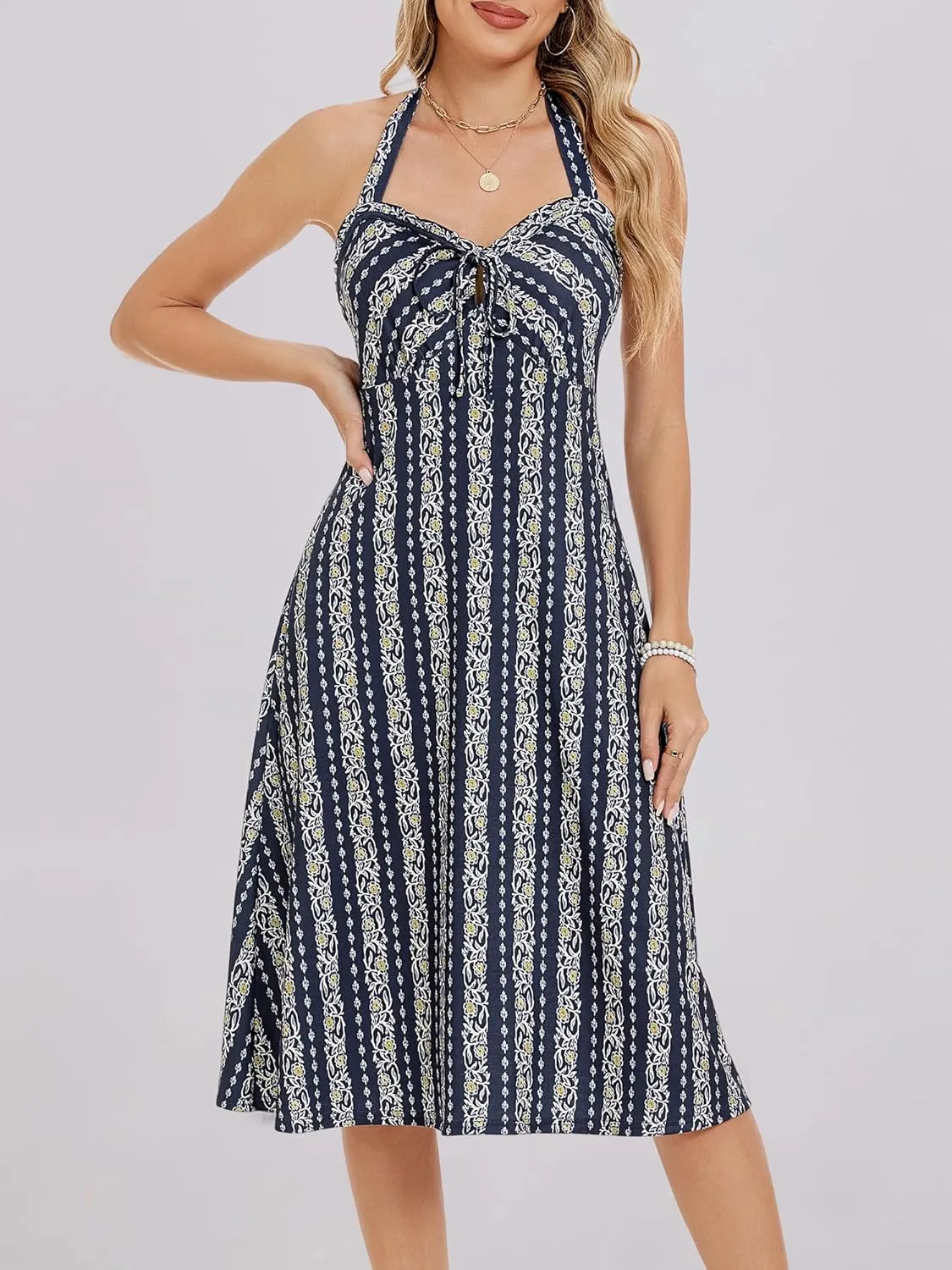 TORARY Halter Neck Backless Summer Vacation Beach Dress Sleeveless Off Shoulder Tie Front Aline Midi Dress with Pockets 2025