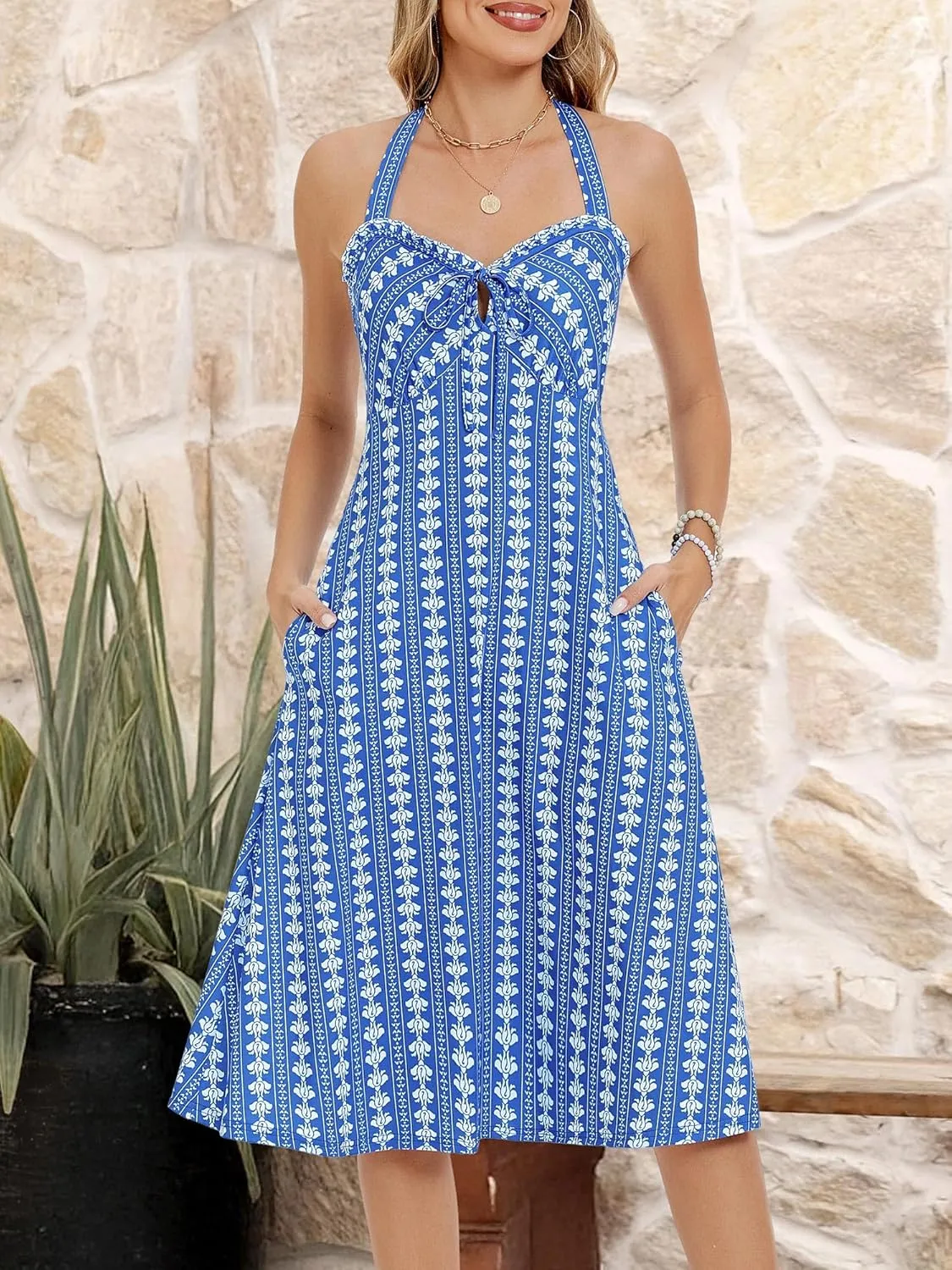 TORARY Halter Neck Backless Summer Vacation Beach Dress Sleeveless Off Shoulder Tie Front Aline Midi Dress with Pockets 2025