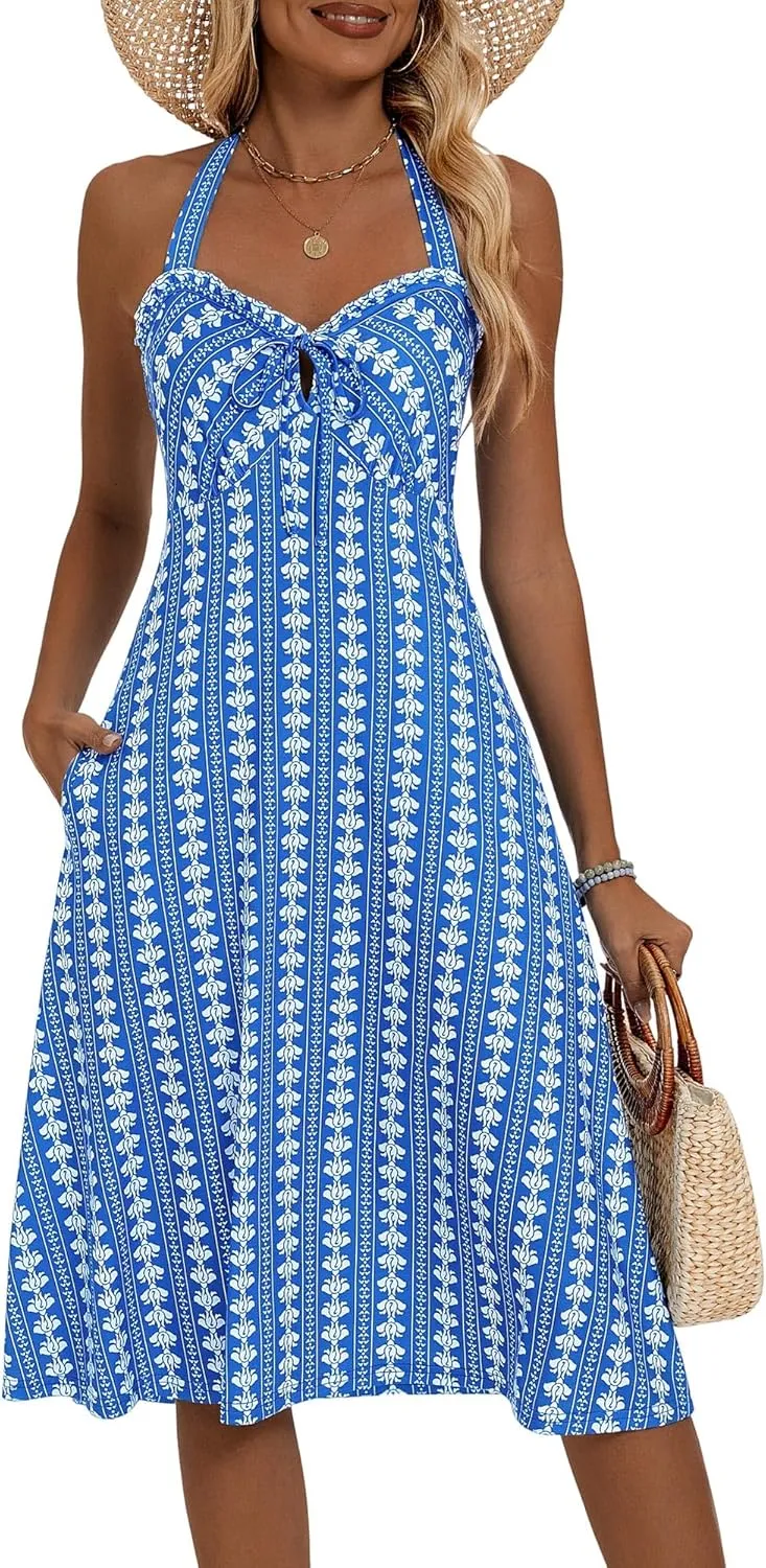 TORARY Halter Neck Backless Summer Vacation Beach Dress Sleeveless Off Shoulder Tie Front Aline Midi Dress with Pockets 2025